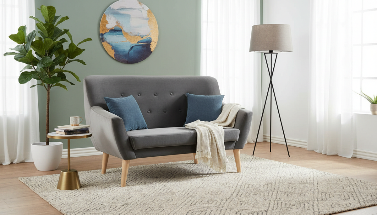 Canapea NORDIC 2, gri Bluvel 14, stofa catifelata/lemn de fag, 136x75x90 cm