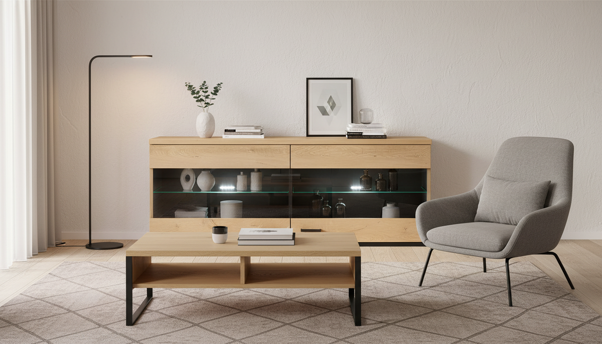 Vitrina SIRAN TYP 9, stejar lefkas, DTD laminat, 121x30x45 cm