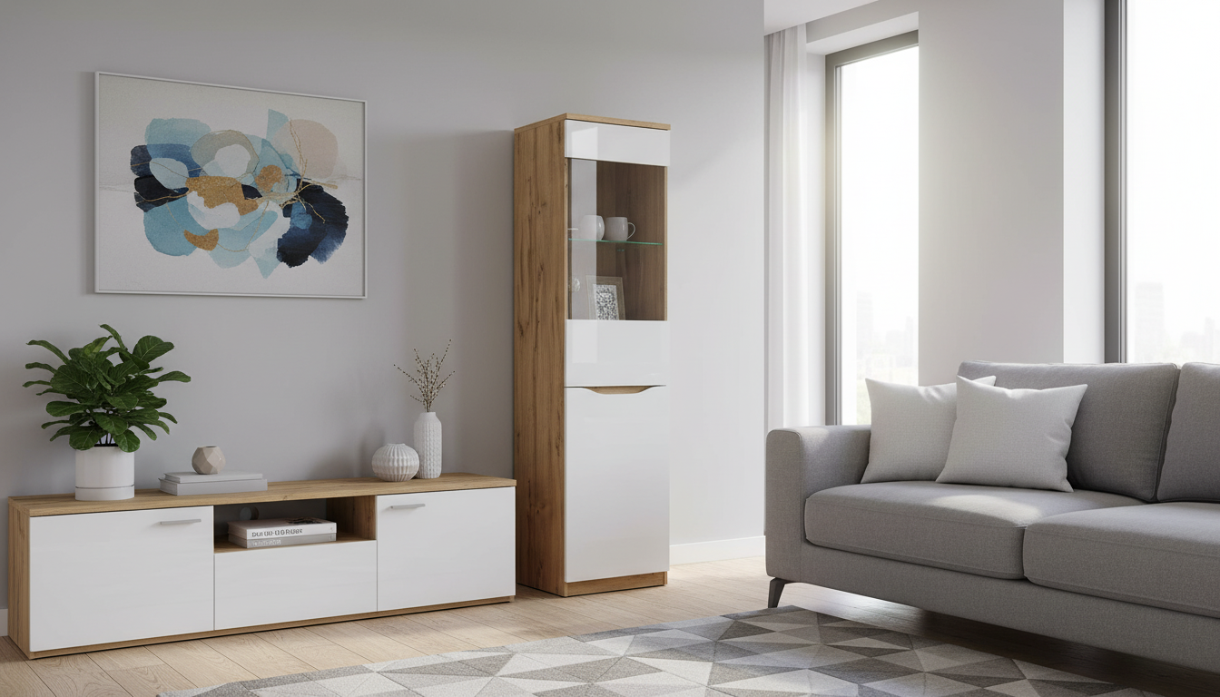 Dulap cu vitrina NUIS, alb lucios/stejar, PAL, 50x40x198 cm