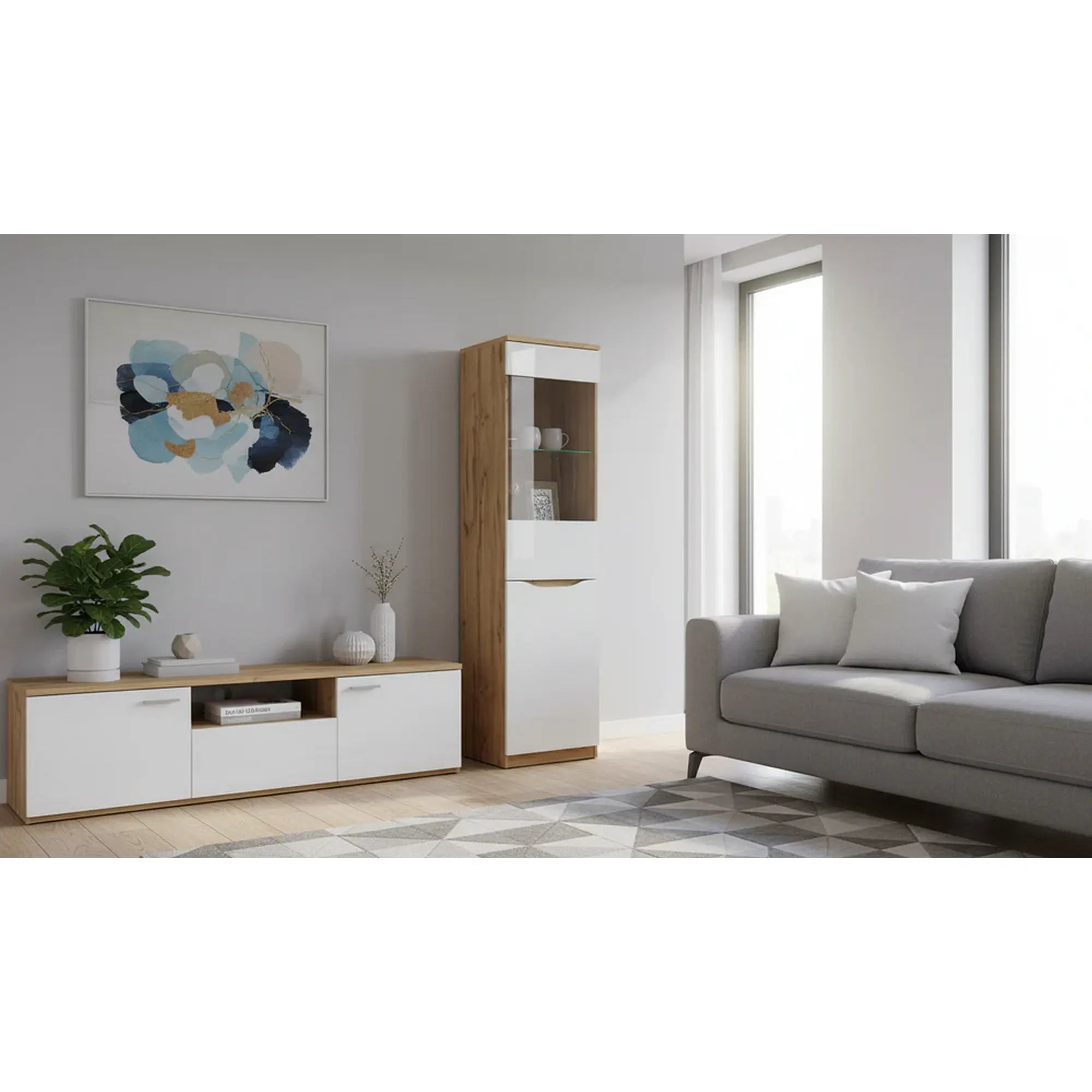 Dulap cu vitrina NUIS, alb lucios/stejar, PAL, 50x40x198 cm