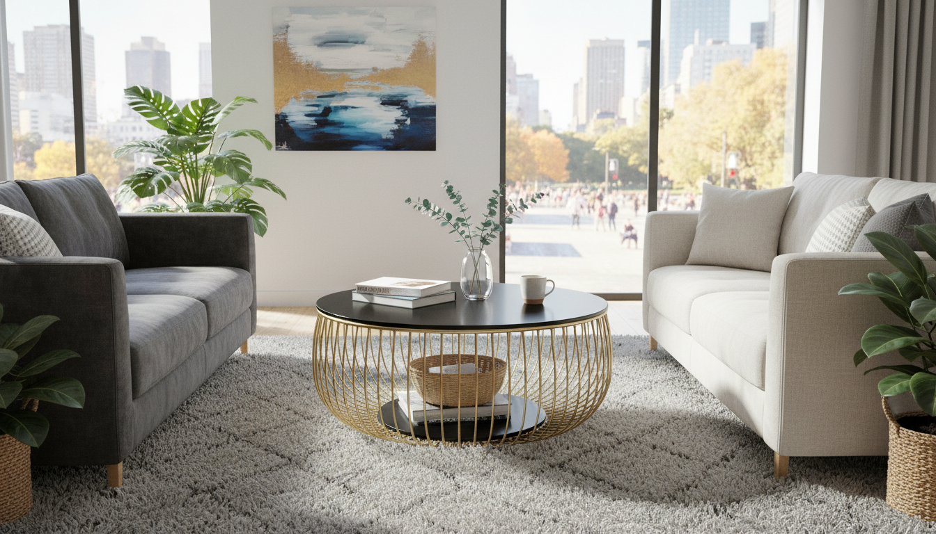 Masuta cafea BOWL, negru/auriu, sticla securizata/metal, 86x86x35 cm