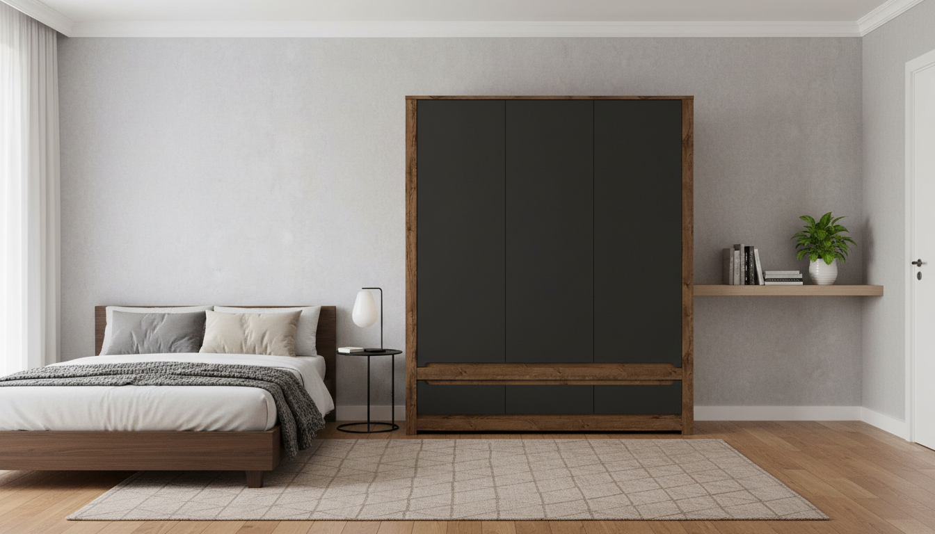 Dulap RUSO, negru mat/stejar, PAL laminat, cu 3 usi si 3 sertare, 179x61x205 cm