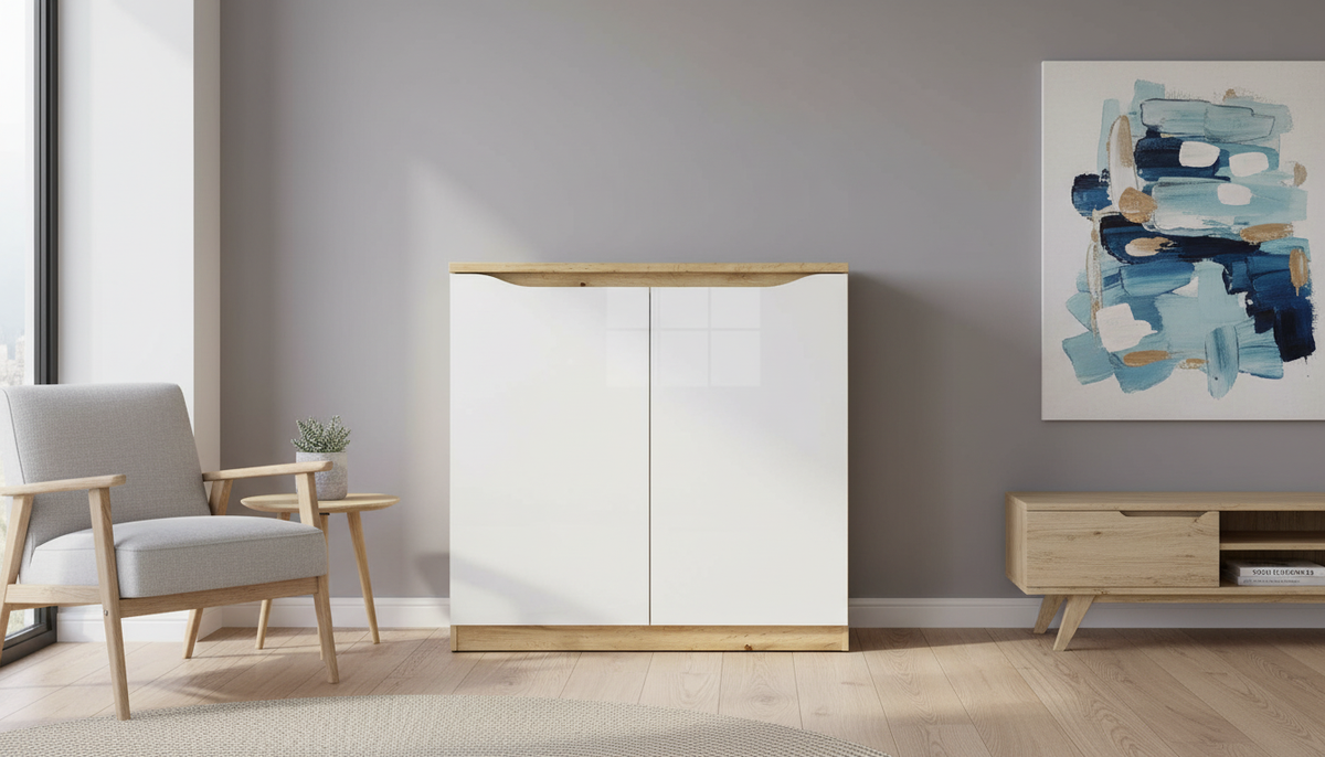 Comoda NUIS, alb lucios/stejar, 90x40x92 cm