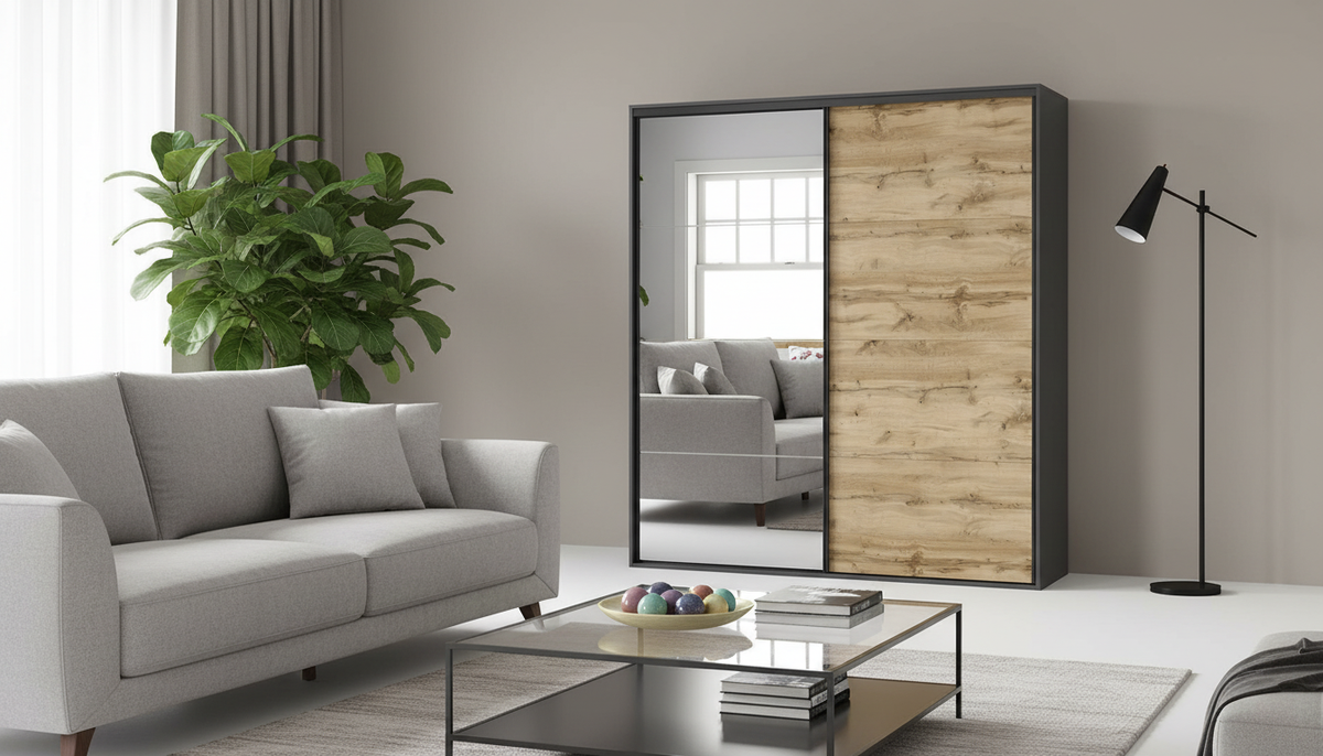 Dressing FLEX, gri grafit/stejar wotan, PAL, cu 2 usi si oglinda, 220x66x240 cm