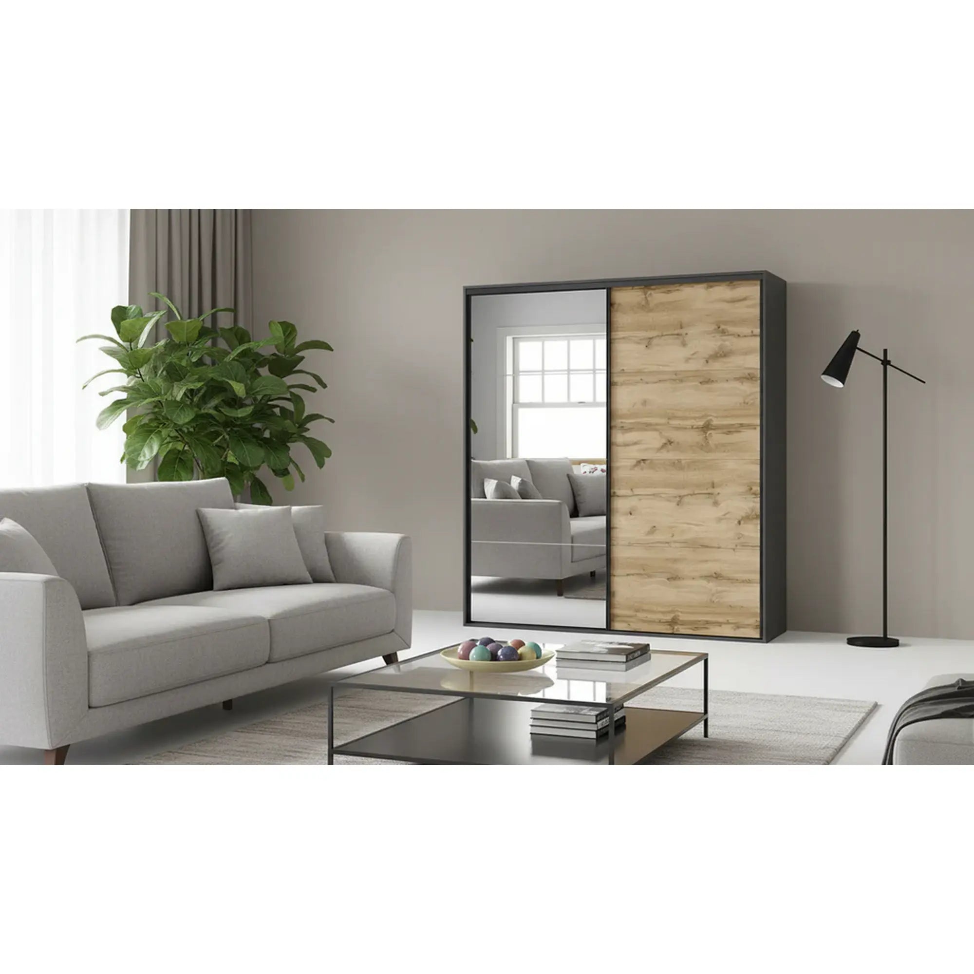 Dressing FLEX, gri grafit/stejar wotan, PAL, cu 2 usi si oglinda, 220x66x240 cm