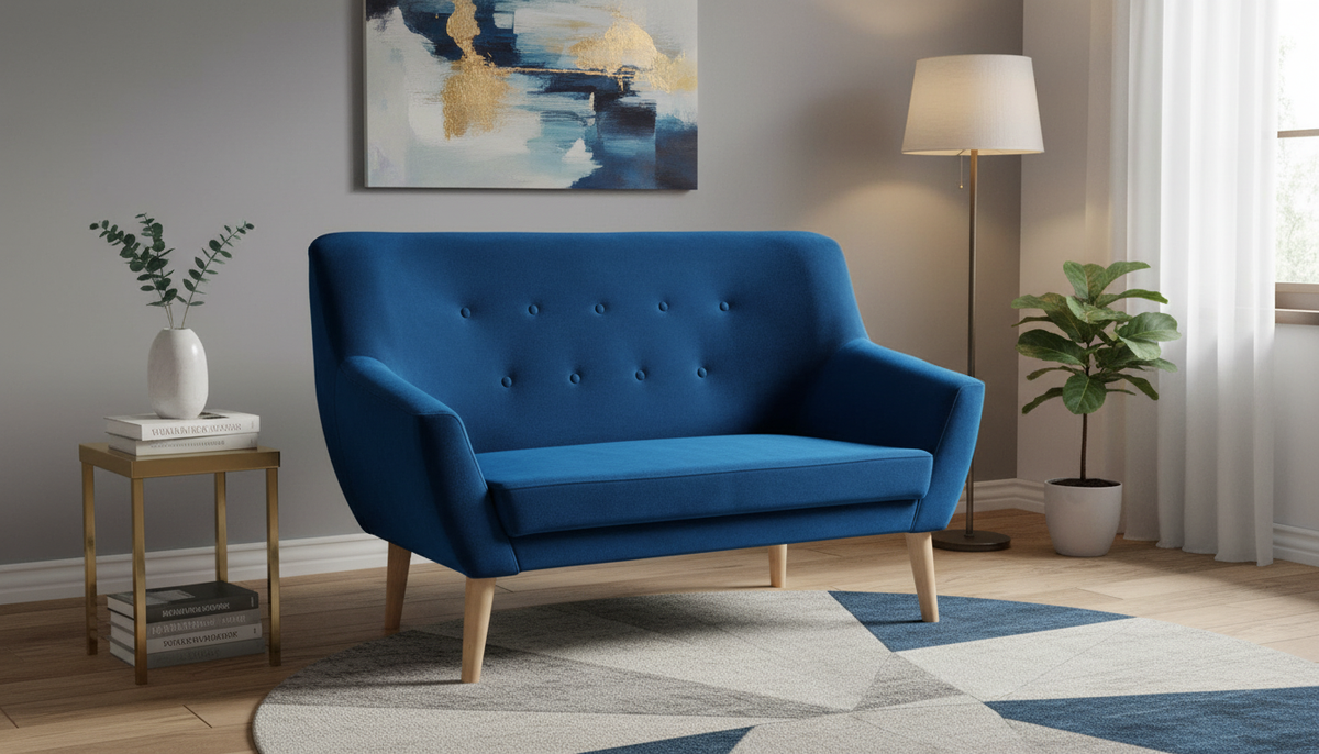 Canapea NORDIC 2, albastru marin/fag, stofa catifelata/lemn, 136x75x90 cm