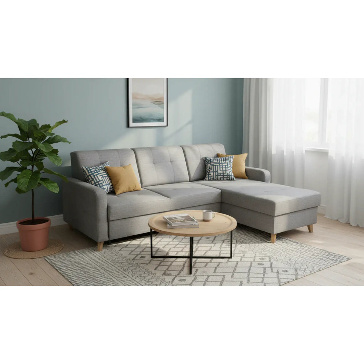 Coltar extensibil LARS, universal, stofa catifelata gri - Voss 07, cu lada depozitare, 223x161x83 cm