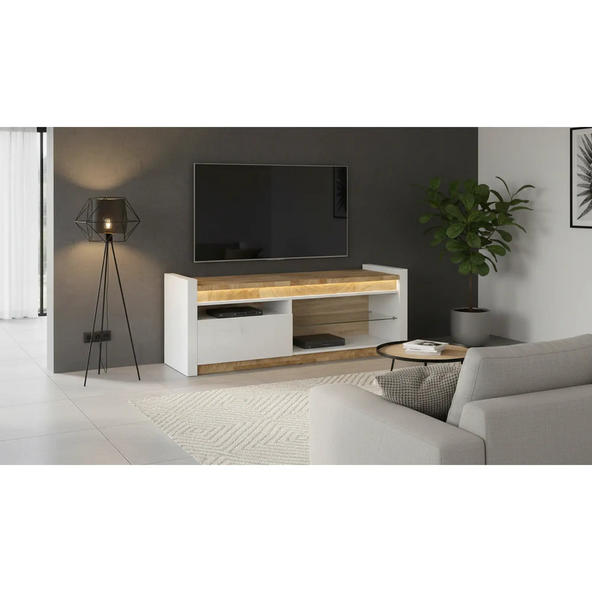 Comoda TV ALAMEDA, alb/stejar, PAL, 147x46x55 cm