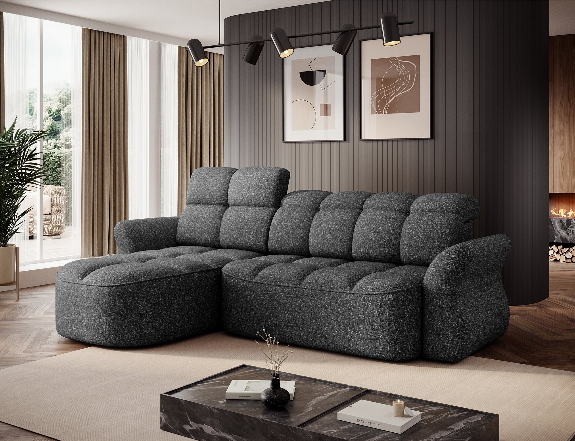 Coltar BENETH, sezlong stanga, stofa clasica gri - Breona 04, cu reglaj electric, tetiere reglabile si lada depozitare, 301x185x115 cm
