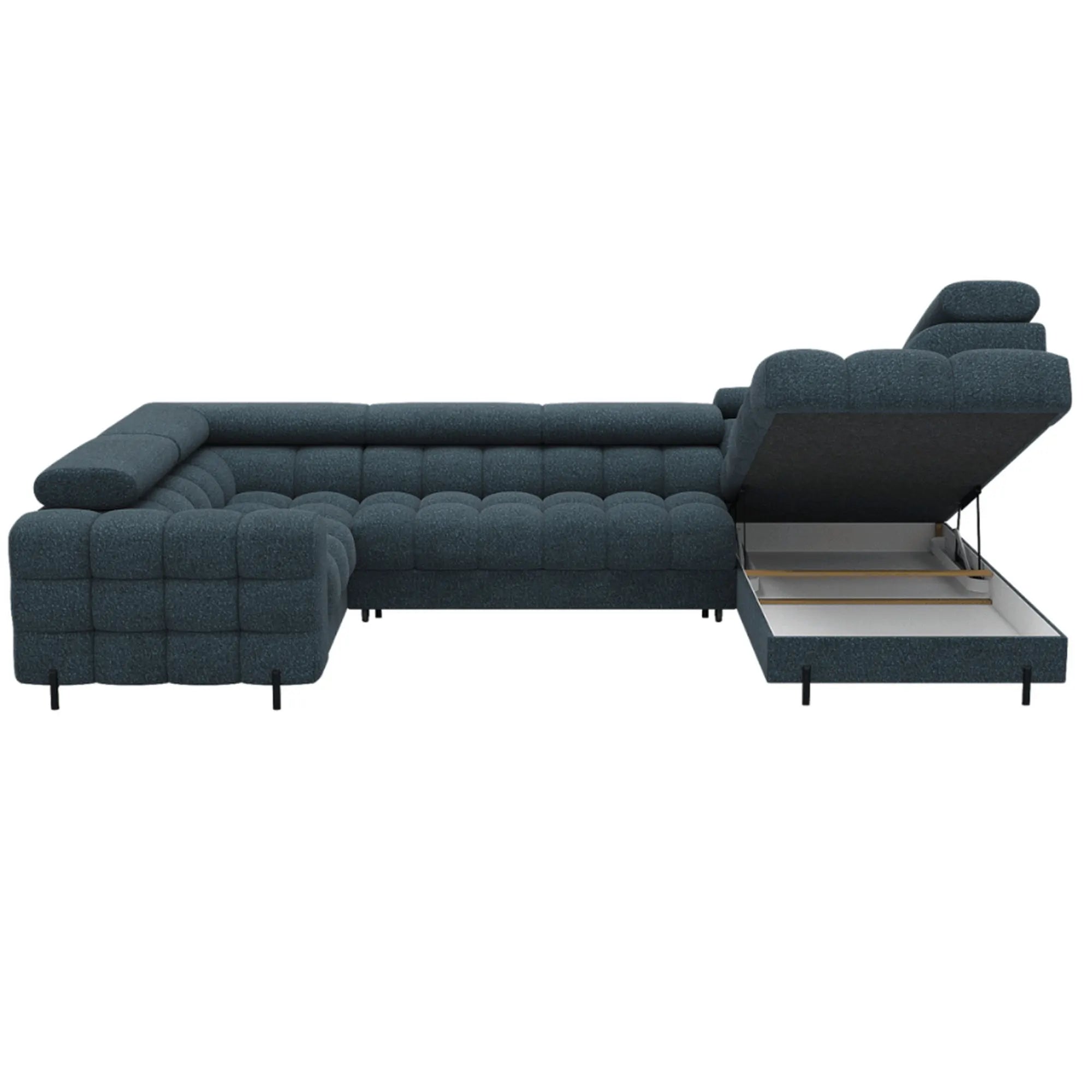Coltar extensibil FECTORY, sezlong stanga, stofa clasica albastru inchis - Jaffray 40, cu tetiere reglabile si spatiu depozitare, 346x205x93 cm