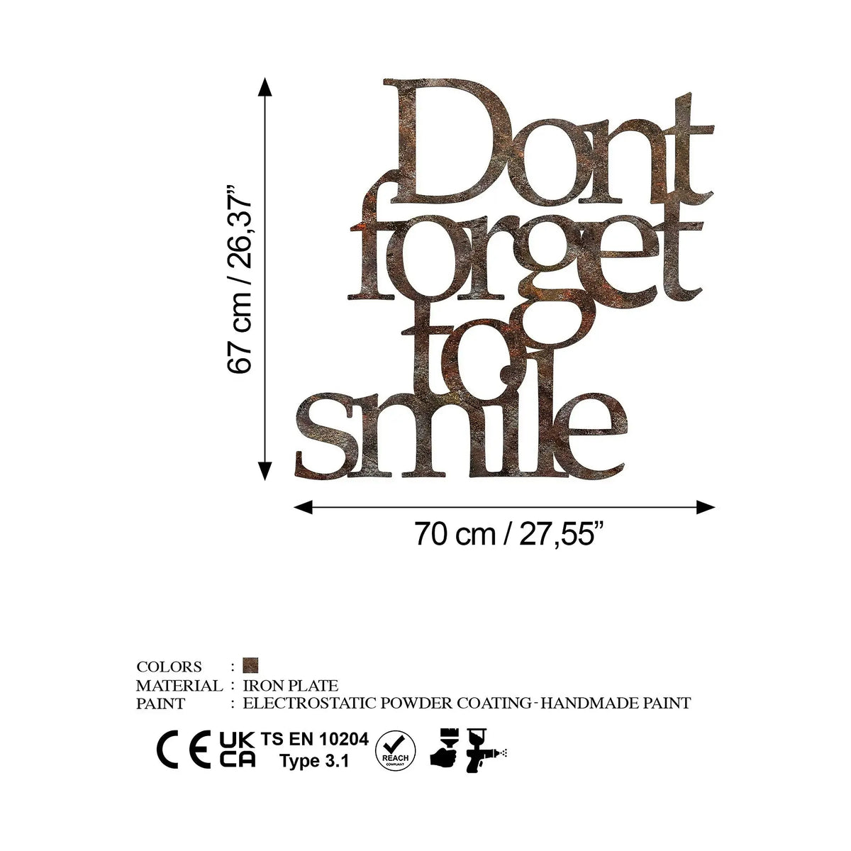 Accesoriu decorativ RUGINOUY DONT FORGET FOR SMILE, antichizat, metal, 67x70 cm