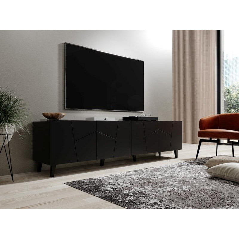 Comoda TV ETNA, negru, PAL laminat, cu 4 usi, 200x42x52 cm