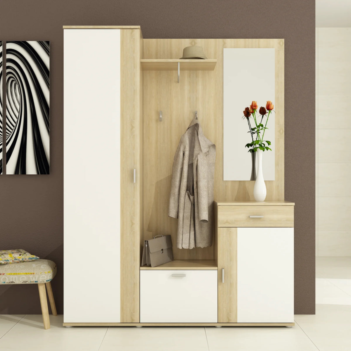 Mobilier hol AMALIA, stejar sonoma/alb, PAL, 145x29x188 cm