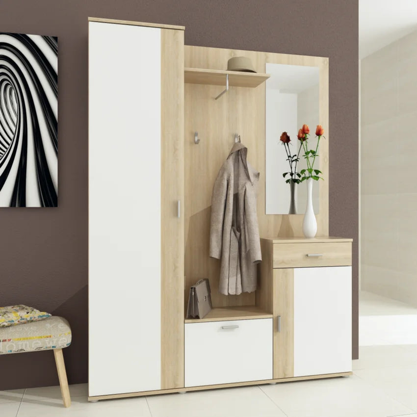 Mobilier hol AMALIA, stejar sonoma/alb, PAL, 145x29x188 cm