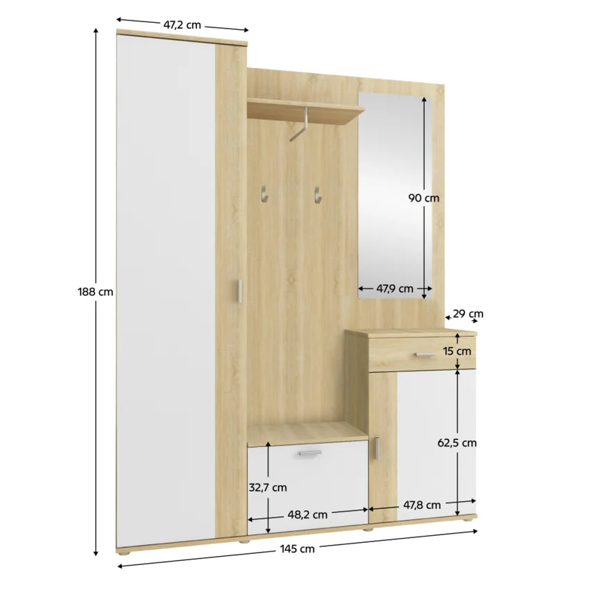 Mobilier hol AMALIA, stejar sonoma/alb, PAL, 145x29x188 cm