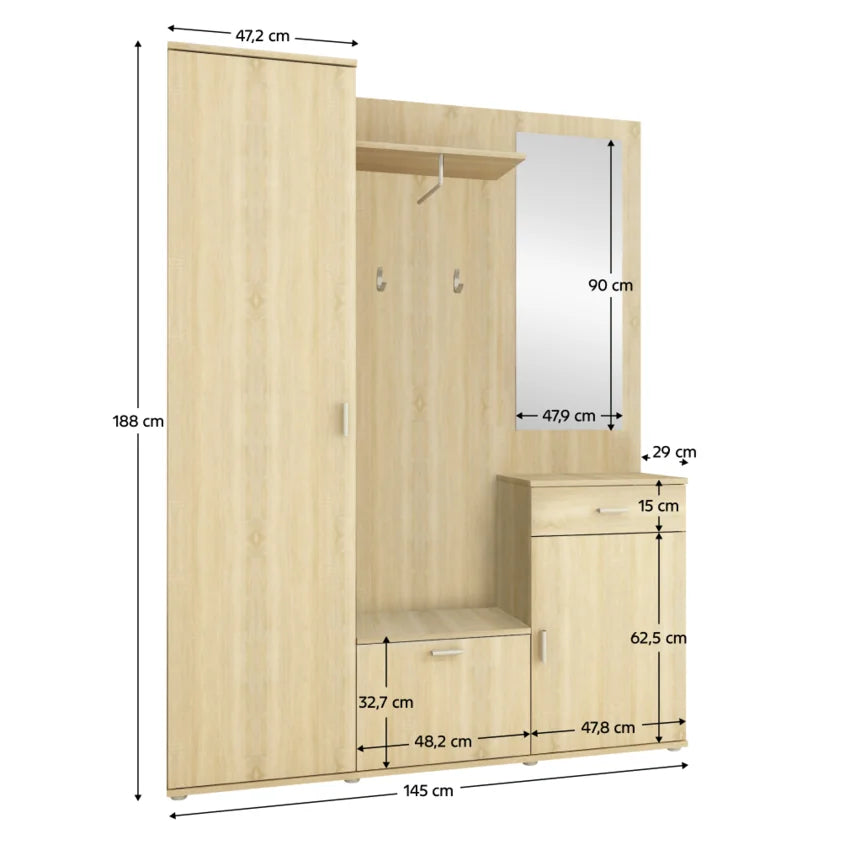 Mobilier hol AMALIA, stejar sonoma, PAL melaminat, 144x32x188 cm