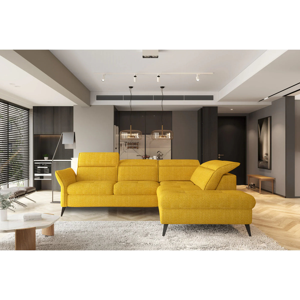 Coltar extensibil APUFA, personalizabil materiale gama Premium, cu lada depozitare si tetiere reglabile, 260x215x95 cm
