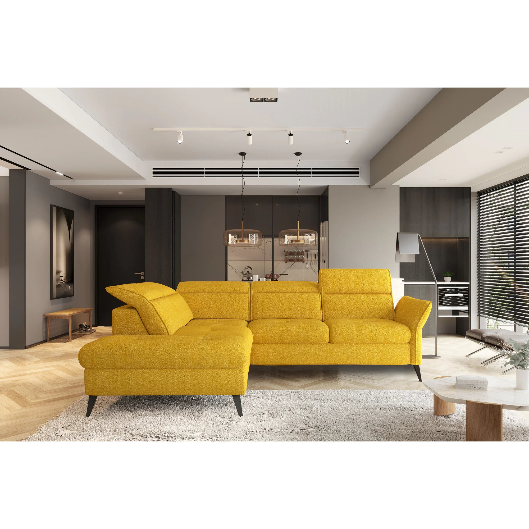 Coltar extensibil APUFA, personalizabil materiale gama Premium, cu lada depozitare si tetiere reglabile, 260x215x95 cm