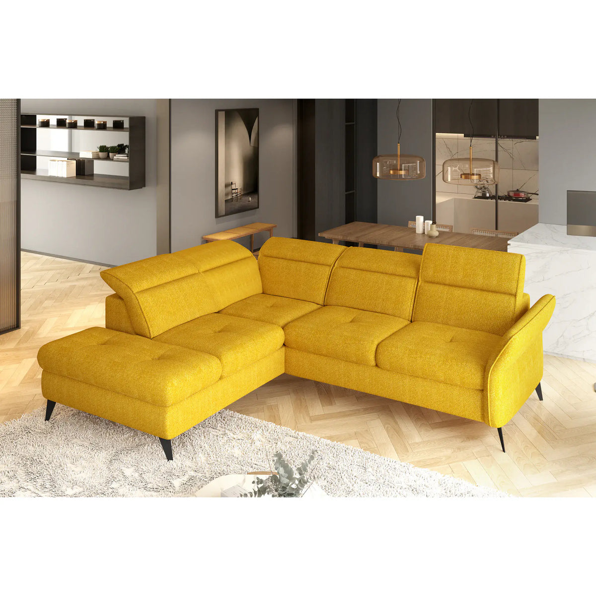 Coltar extensibil APUFA, personalizabil materiale gama Premium, cu lada depozitare si tetiere reglabile, 260x215x95 cm
