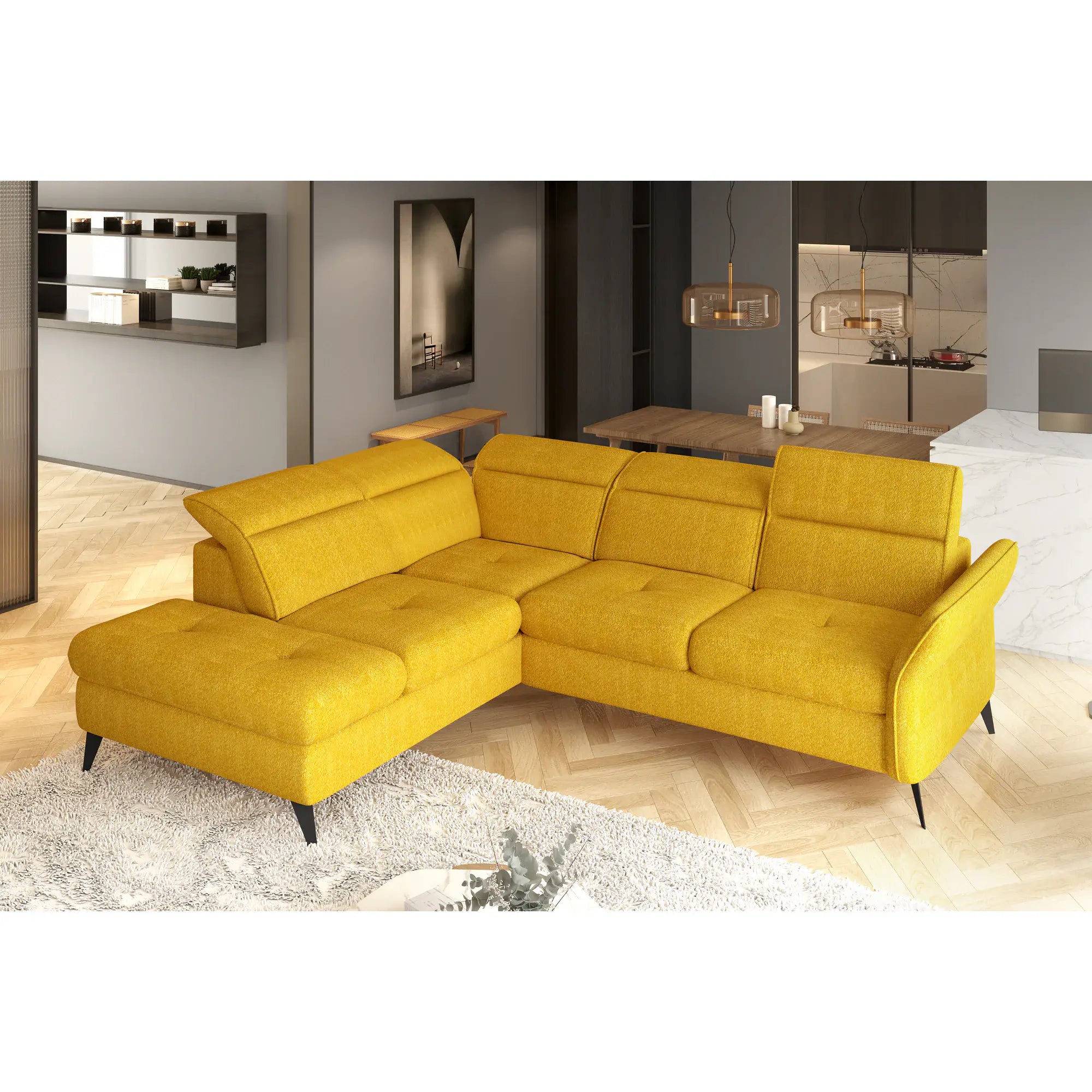 Coltar extensibil APUFA, personalizabil materiale gama Premium, cu lada depozitare si tetiere reglabile, 260x215x95 cm