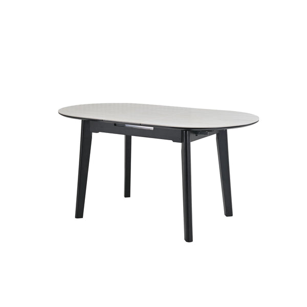 Masa extensibila ARES, bej cu efect de piatra travertin/negru, ceramica/metal, 120/150x85x76 cm