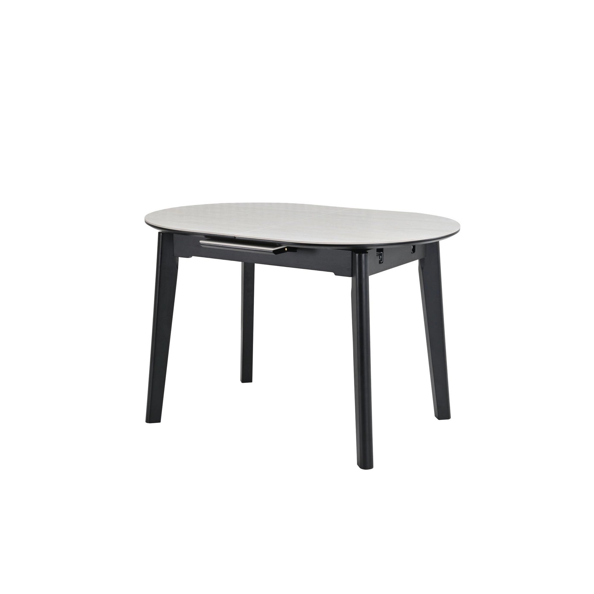 Masa extensibila ARES, bej cu efect de piatra travertin/negru, ceramica/metal, 120/150x85x76 cm