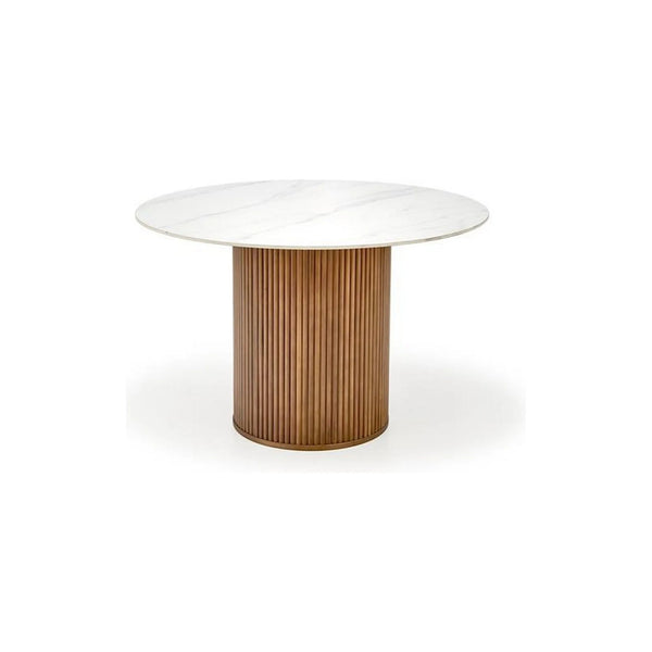 Masa BRUNO, alb cu efect de marmura/nuc, 120x120x76 cm