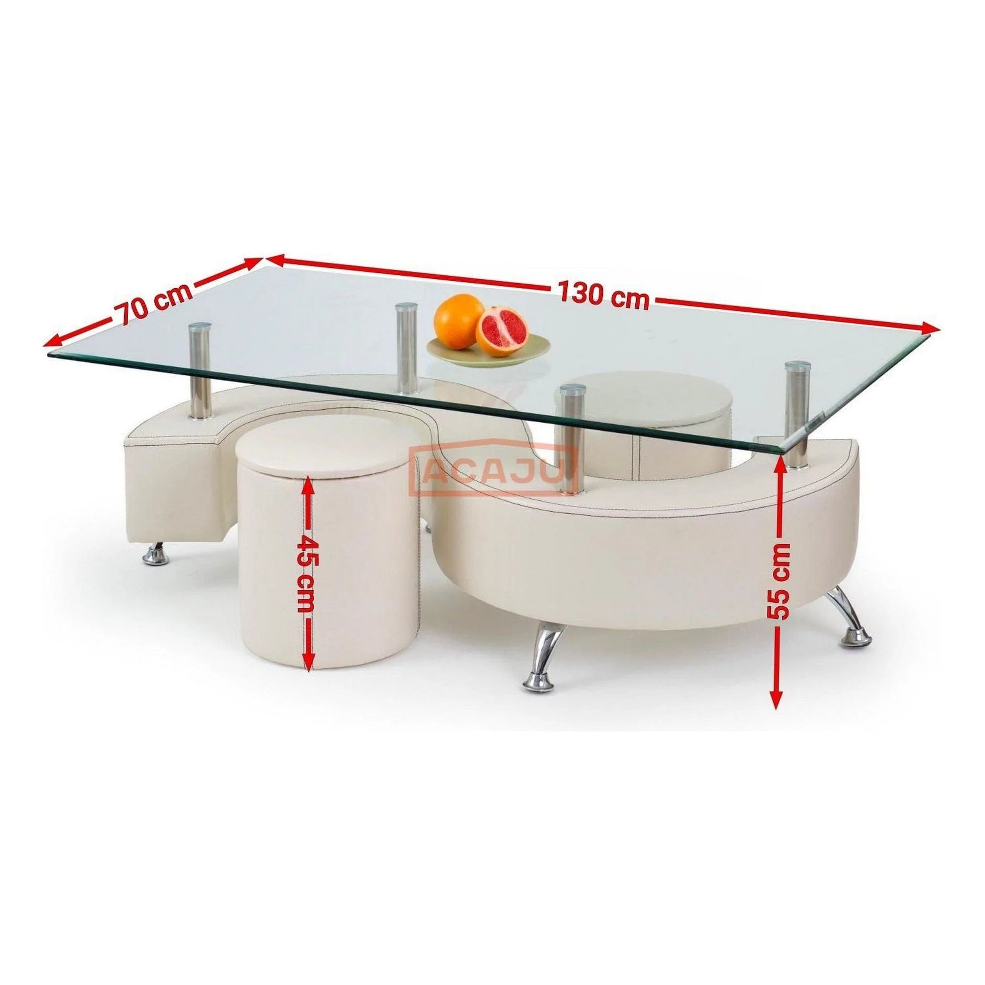 Set masuta cu 2 taburete NINA 3, alb, sticla/otel, 130x70x55 cm