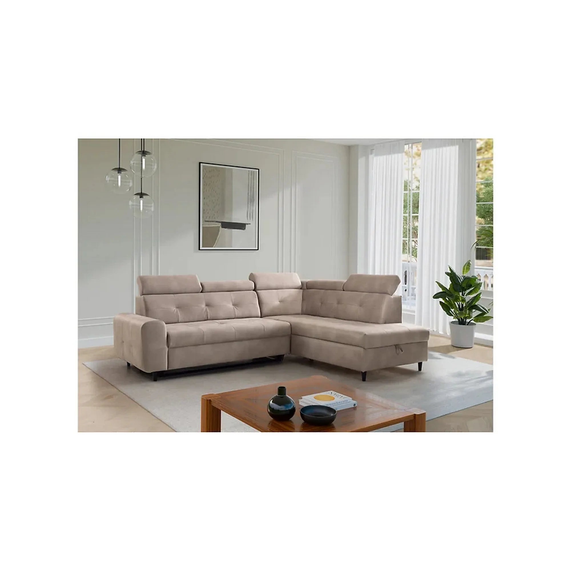 Coltar extensibil MATRAS, sezlong dreapta, stofa catifelata bej - Letto 11, cu lada depozitare si tetiere reglabile, 263x205x98 cm