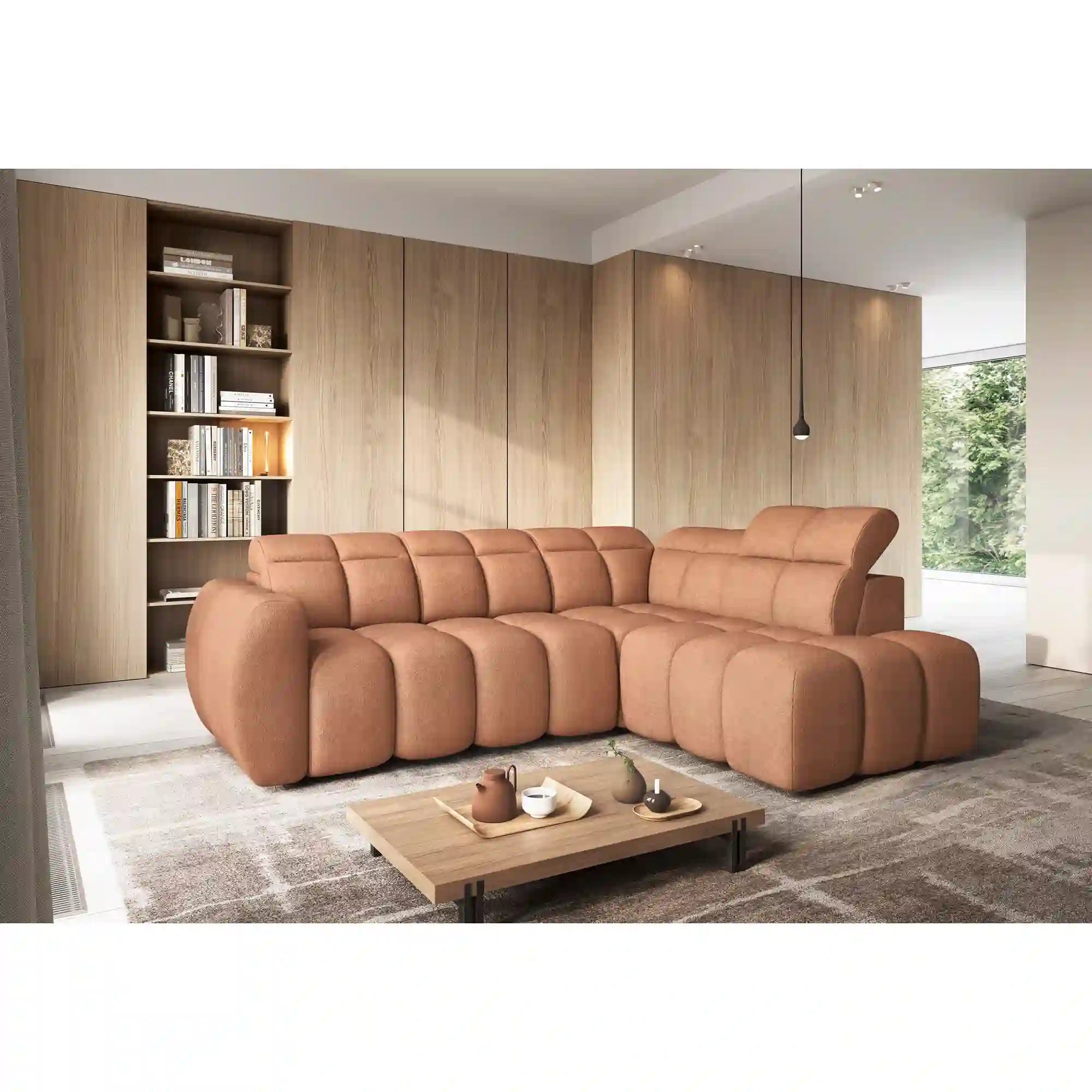 Coltar FALCONN, sezlong dreapta, stofa clasica somon - Xillar 24, cu reglaj electric, tetiere reglabile si lada depozitare, 258x208x87 cm
