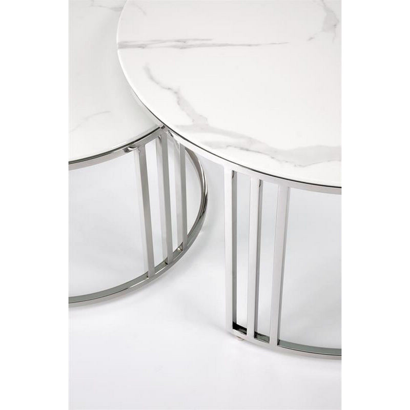 Set 2 masute de cafea MERCURY 2, alb/argintiu, sticla/otel, 80/45x60/38 cm