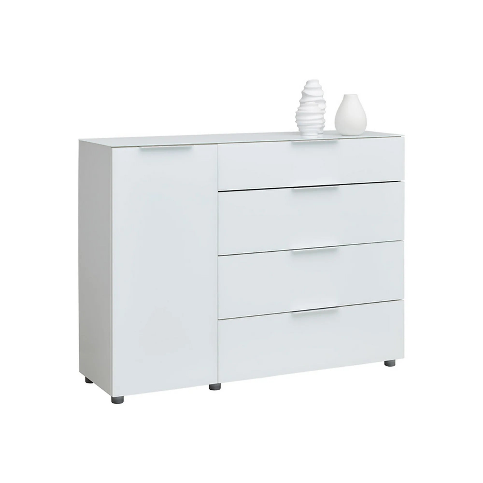 Comoda MALIN, alb lucios/alb, PAL/sticla, 135x40x101 cm