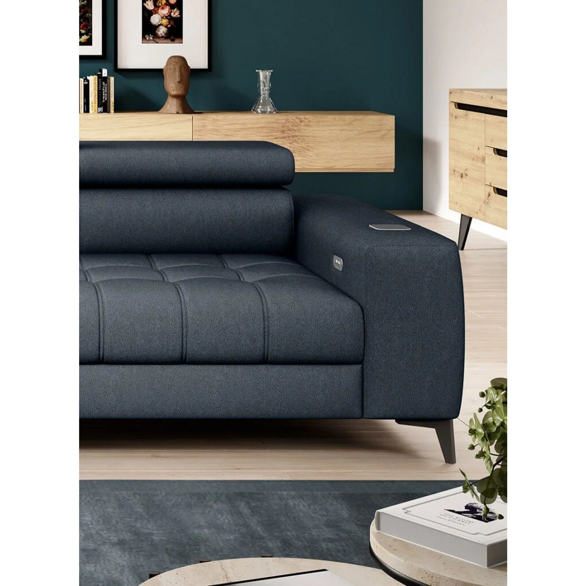 Coltar BAGGIO, sezlong dreapta, stofa catifelata albastru - Whisper 12, Gama Premium, cu reglaj electric, incarcator wireless, lada depozitare si tetiere reglabile, 280x196x100 cm