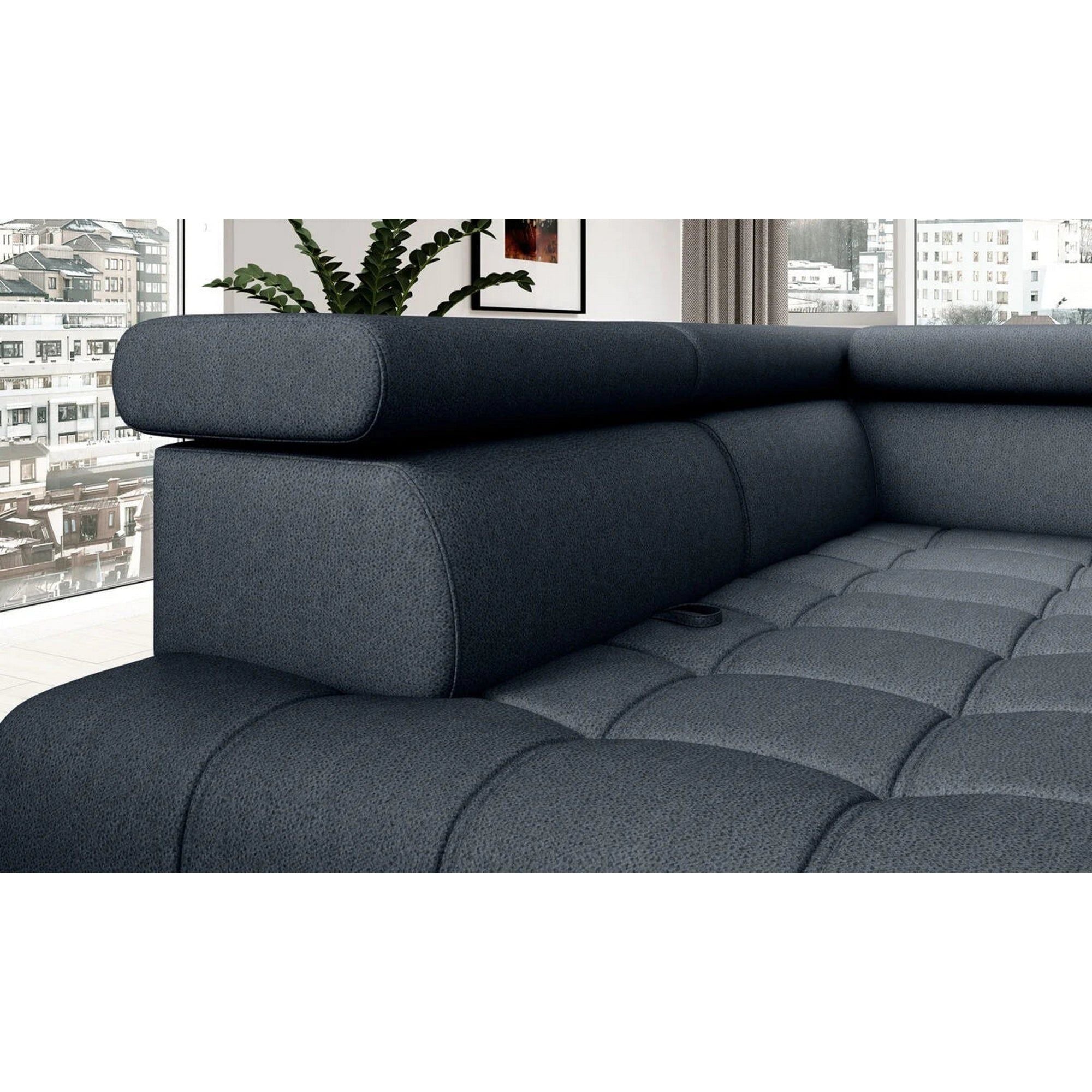 Coltar BAGGIO, sezlong stanga, stofa catifelata gri - Monolith 84, cu reglaj electric,lada depozitare, incarcator wireless si tetiere reglabile, 280x196x100 cm