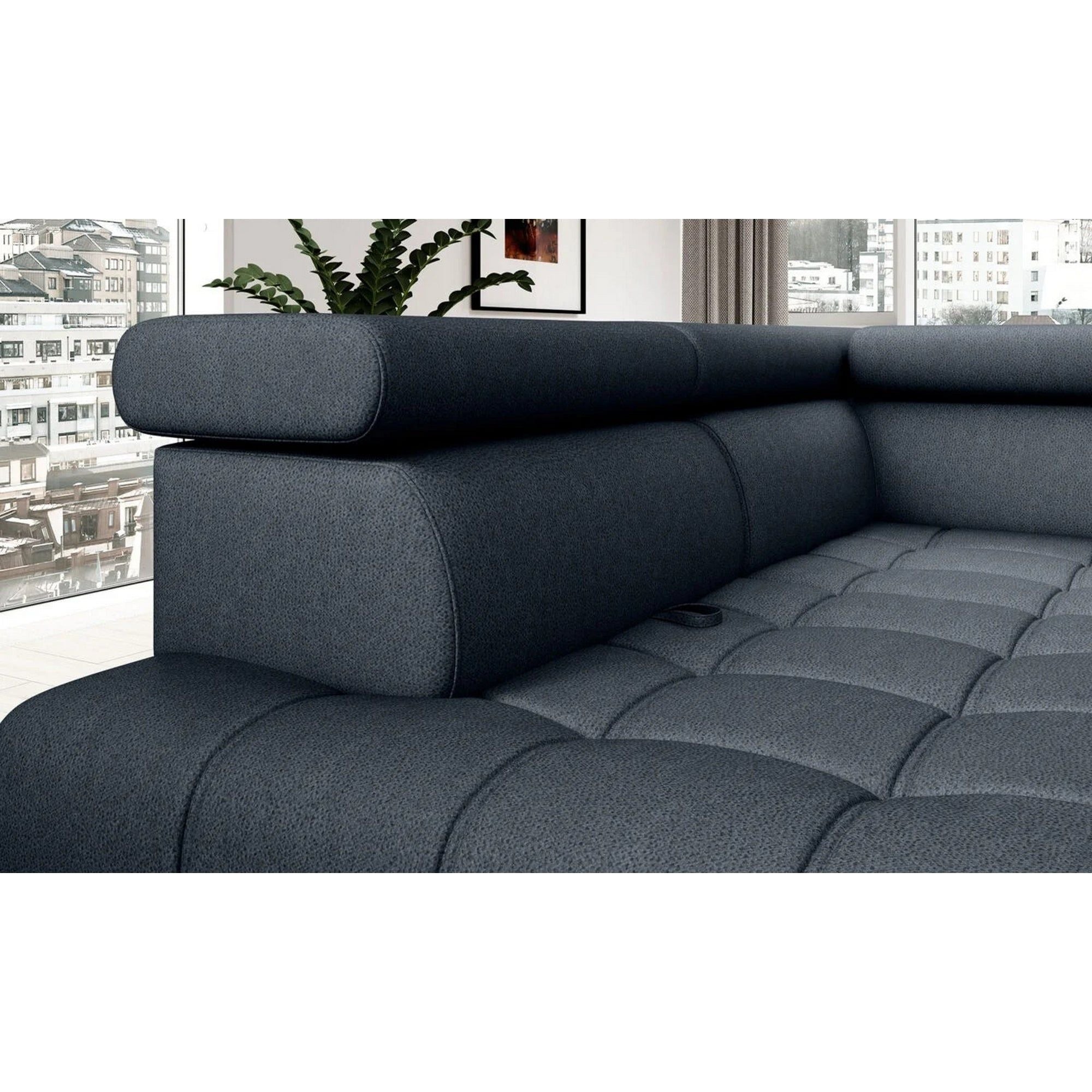 Coltar BAGGIO, sezlong stanga, stofa catifelata gri - Monolith 85, cu reglaj electric, incarcator wireless, lada depozitare si tetiere reglabile, 280x196x100 cm