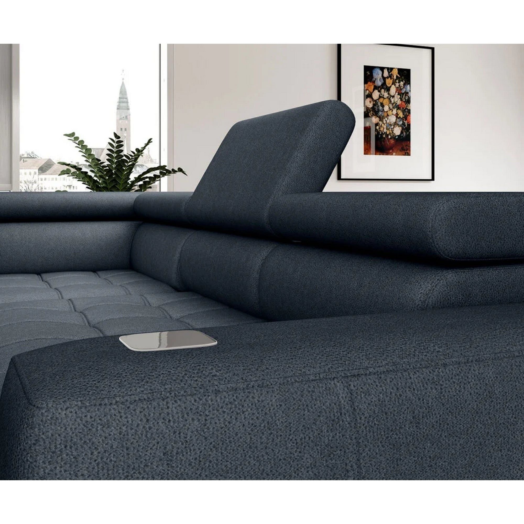 Coltar BAGGIO, sezlong dreapta, stofa catifelata albastru - Whisper 12, Gama Premium, cu reglaj electric, incarcator wireless, lada depozitare si tetiere reglabile, 280x196x100 cm