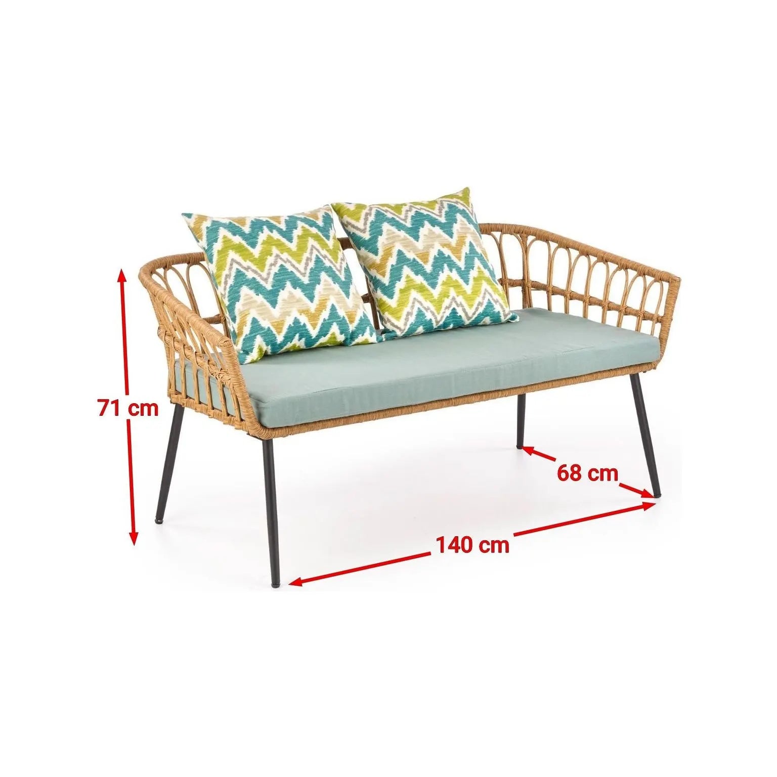 Banca GARDENA 2S, stejar/negru, rattan sintetic/otel, 140x68x71 cm