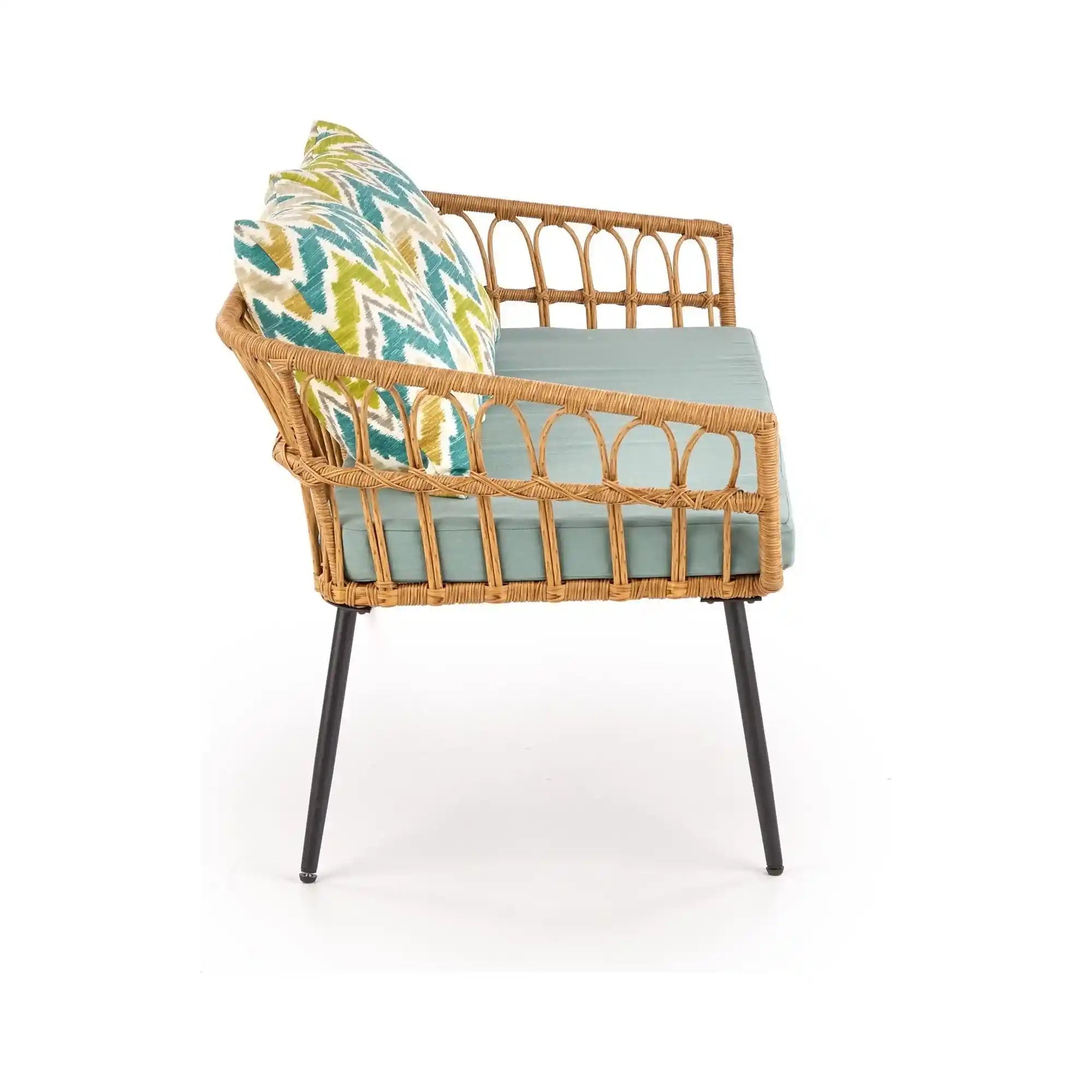 Banca GARDENA 2S, stejar/negru, rattan sintetic/otel, 140x68x71 cm