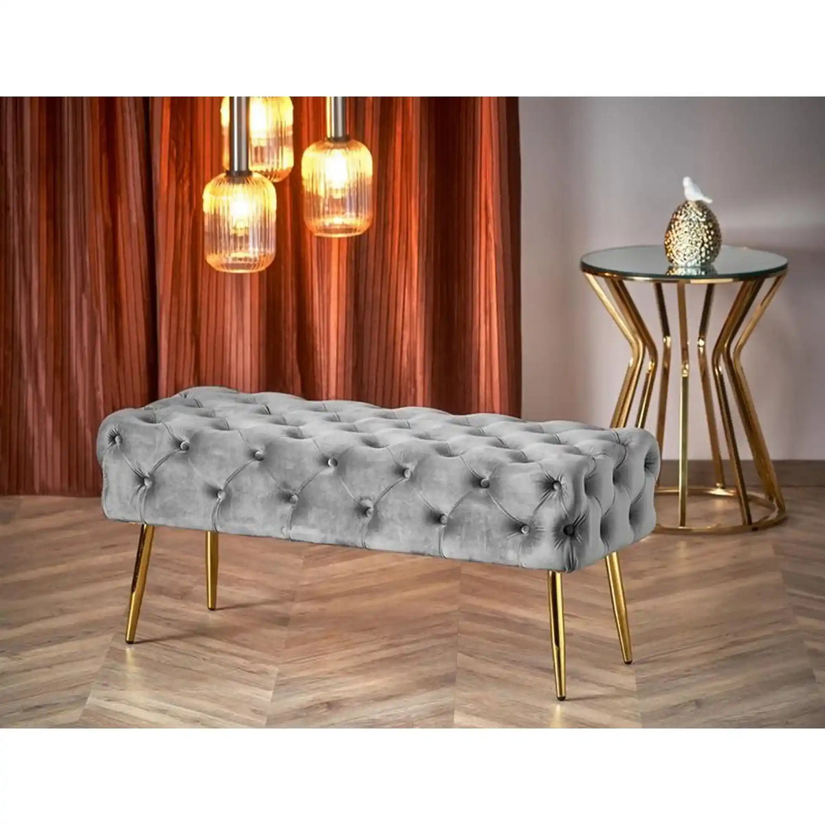 Bancheta ATHENA, stofa catifelata gri, 100x45x40 cm