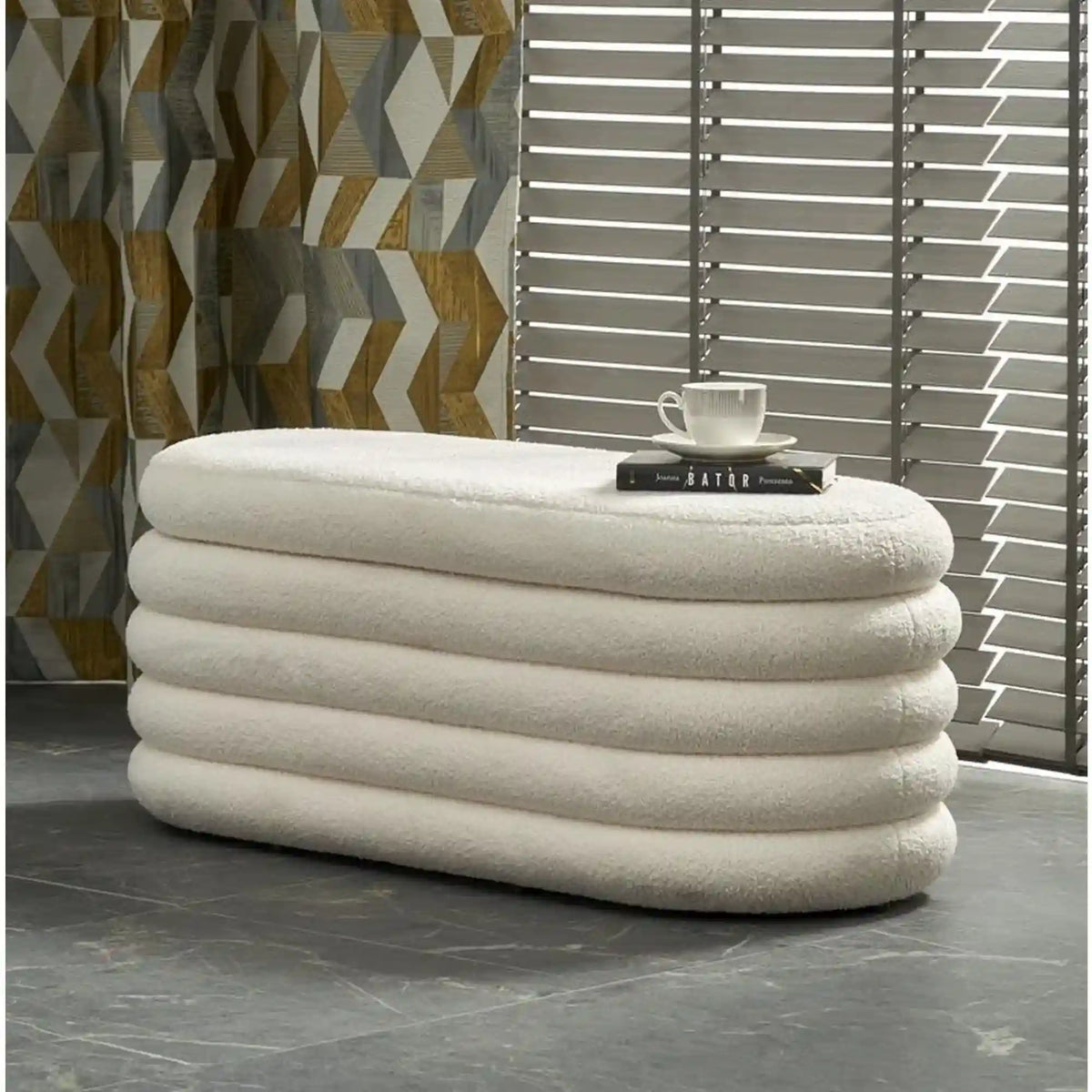 Bancheta tapitata hol BLISS, stofa buclata crem, 105x42x42 cm