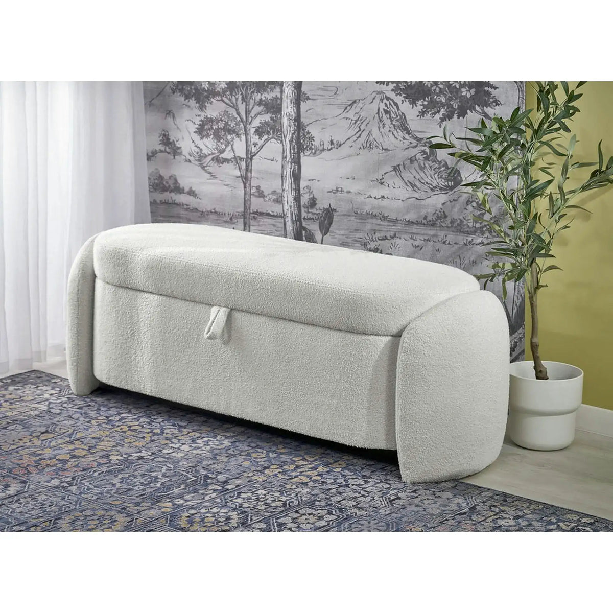 Bancheta FICARIA, stofa buclata crem, 150x40x47 cm