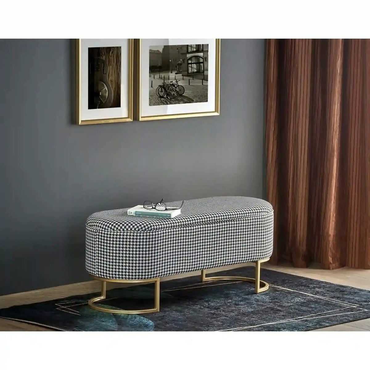 Bancheta HARMONY, negru/alb/auriu, stofa clasica/otel, 105x40x42 cm