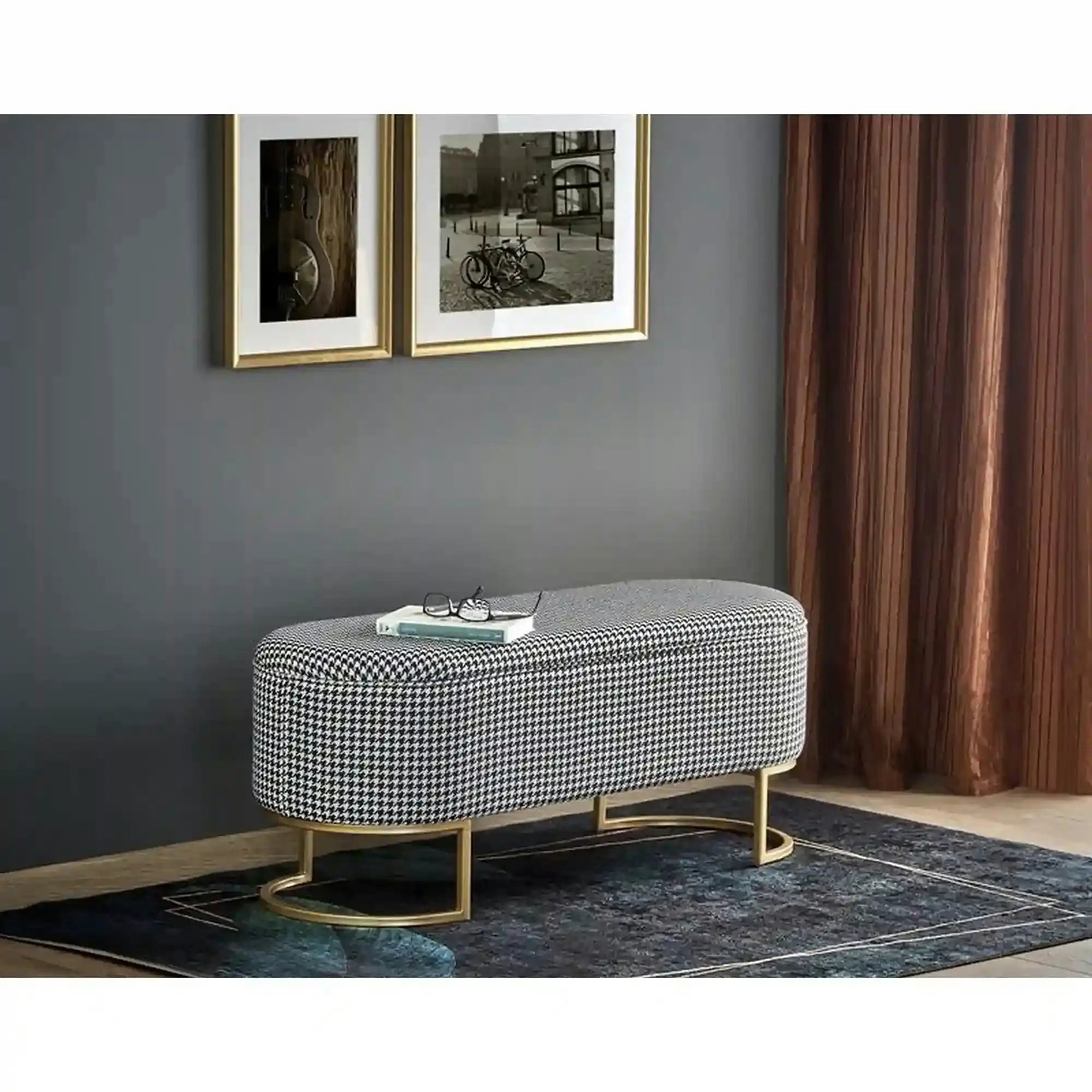 Bancheta HARMONY, negru/alb/auriu, stofa clasica/otel, 105x40x42 cm