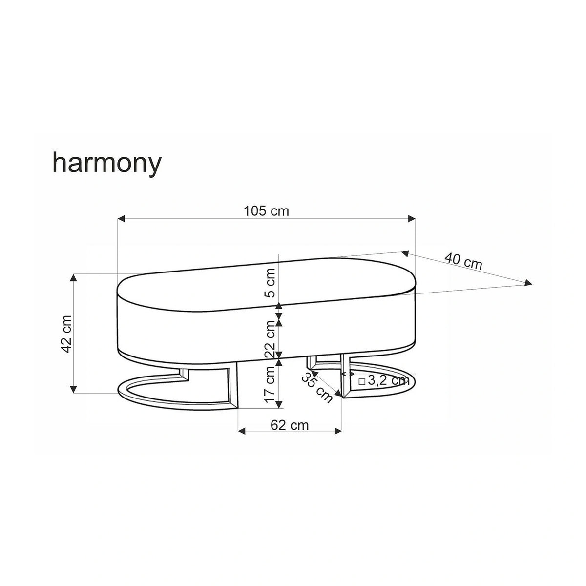 Bancheta HARMONY, negru/alb/auriu, stofa clasica/otel, 105x40x42 cm