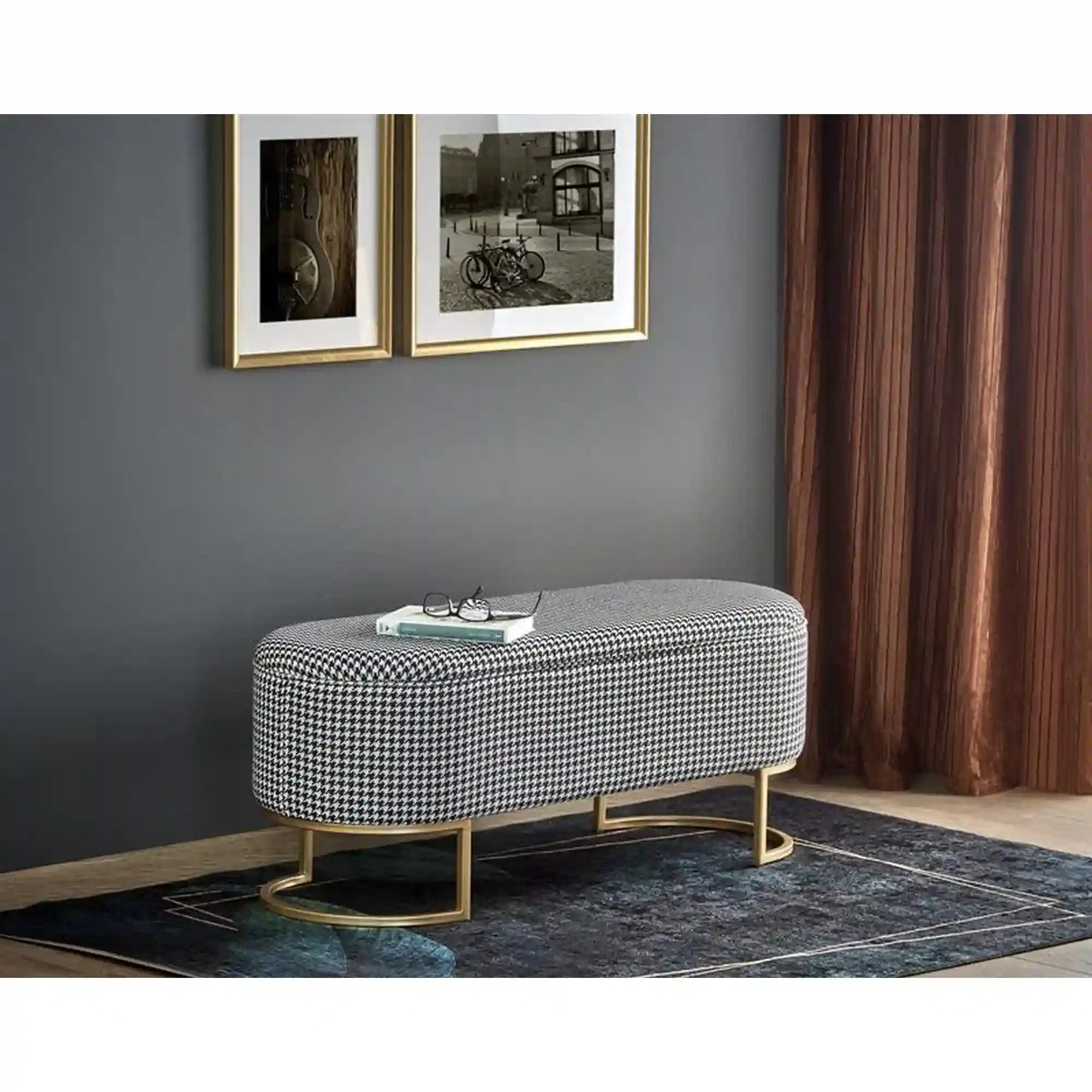 Bancheta HARMONY, negru/alb/auriu, stofa clasica/otel, 105x40x42 cm