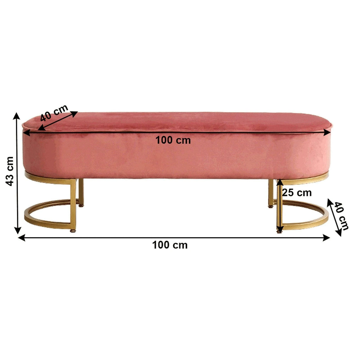 Bancheta MIRILA NEW, stofa catifelata roz, 100x40x43 cm