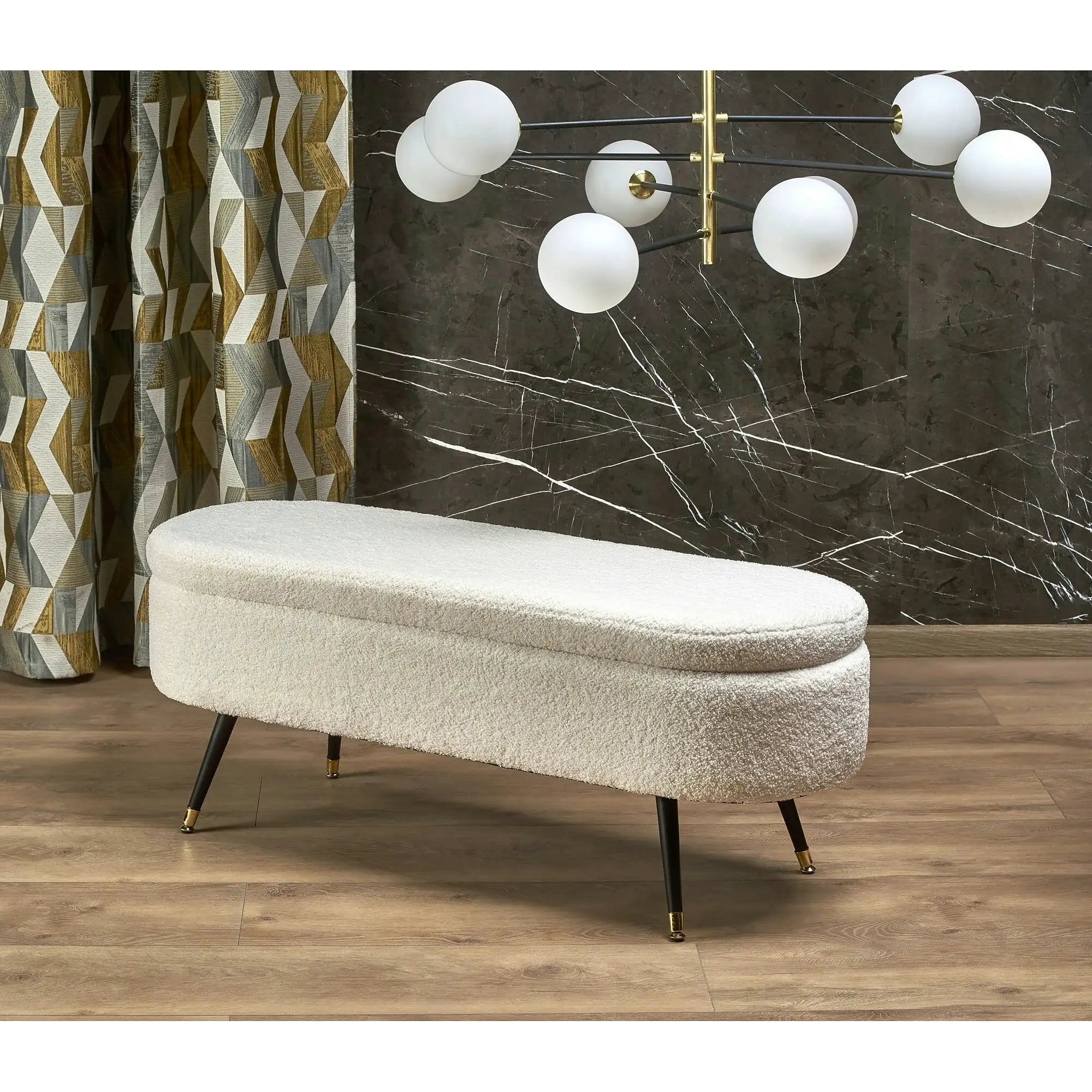 Bancheta pentru hol AVEIRO, stofa buclata crem, 120x46x40 cm