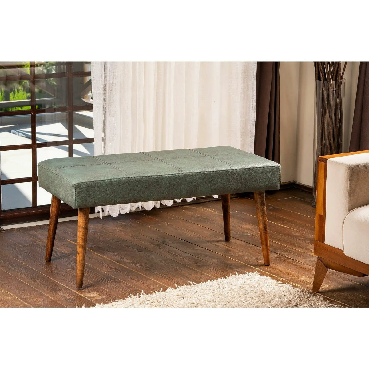 Bancheta POLE, verde/nuc, piele/lemn, 92x46x44 cm