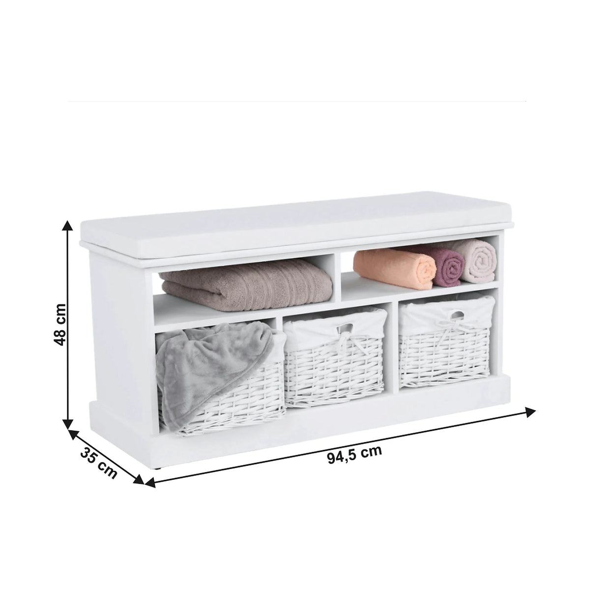 Bancheta RAFAELLO, alb, lemn, cu 3 coşuri, 95x35x49 cm