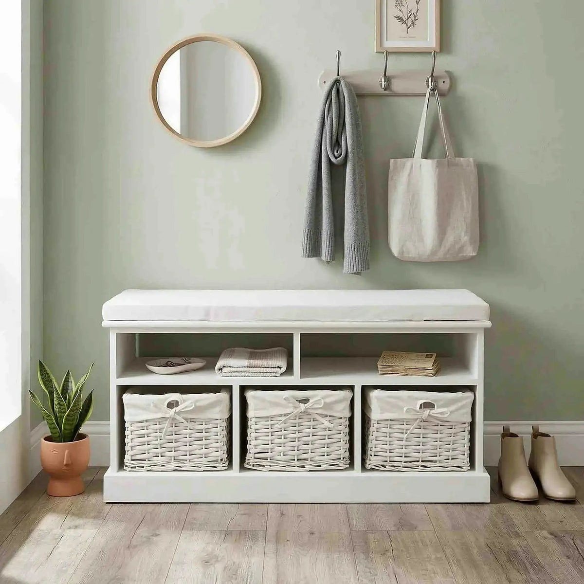 Bancheta RAFAELLO, alb, lemn, cu 3 coşuri, 95x35x49 cm